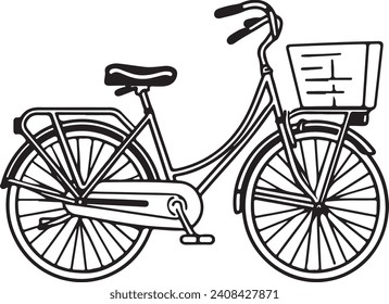 A monochromatic vector illustration of a classic bicycle equipped with a front basket filled with items. The bike features a prominent step-through frame, a comfortable saddle, full fenders