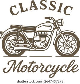 Ilustração vetorial monocromática de uma motocicleta clássica, apresentando um design retro com texto 'CLASSIC' e 'Motocicleta'. Ideal para marca vintage, logotipos de clube de bicicleta ou vestuário.