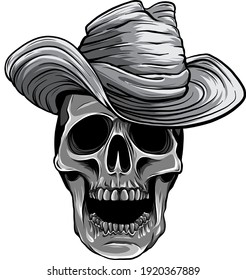 monochromatic Vector illustration of Cowboy skull with hat