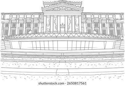 Ilustração vetorial monocromática do famoso edifício do Museu Metropolitano de Arte em Nova York, ideal para projetos educacionais ou de design.