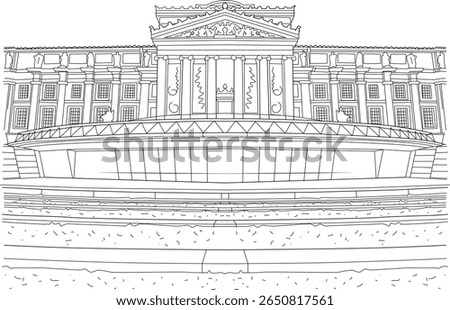 Monochromatic vector illustration of the famous Metropolitan Museum of Art building in NYC, ideal for educational or design projects.