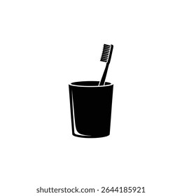 A monochromatic vector illustration features a toothbrush upright inside of a cup, symbolizing dental care and oral hygiene in a minimalist design.