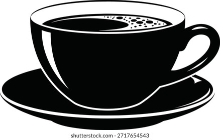 Ilustración vectorial monocromática con una taza de café caliente con espuma, descansando sobre un platillo a juego. Diseño limpio y minimalista ideal para varios proyectos y marcas relacionados con bebidas.
