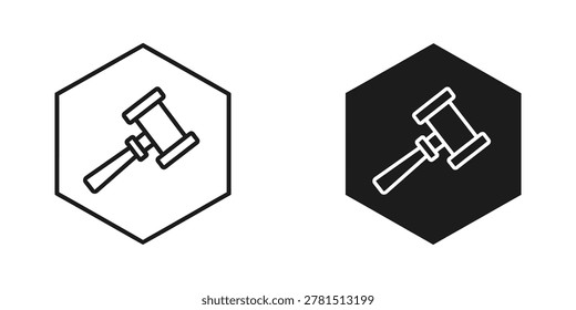 Monochromatic vector illustration of a gavel within a hexagonal shape, offered in both outline and solid black. Represents legal proceedings, decisions, or auctions. Ideal for law firm branding, legal tech platforms, or financial auction sites.