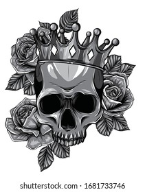 Monochromatic Vector illustration human death skull in crown with roses