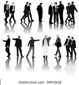 Monochromatic vector illustration of men in the office dressed in suit. Isolated with shadows on white background.