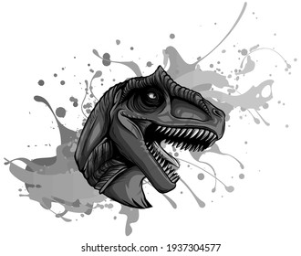 monochromatische Vektorgrafik eines T Rex, Tyrannosaurus Rex-Dinosaurier, der durch eine Wand gerippt wird