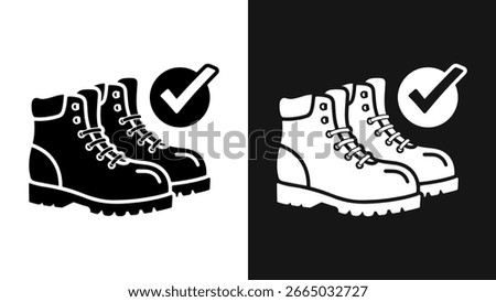 Monochromatic vector illustration of work boots or hiking boots with a checkmark, symbolizing quality or approval.
