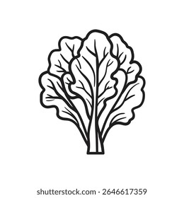 Monochromatic vector presents a black outline of bok choy, its leaves intricately detailed and boldly defined, set against a stark white backdrop, making it versatile.