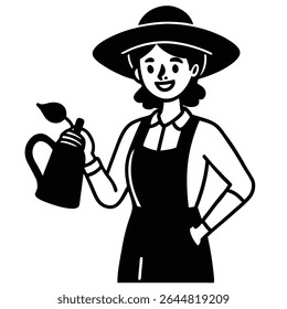 Vetor monocromático apresenta uma mulher sorridente usando um chapéu, segurando uma lata de água, que contém uma pequena planta, com um fundo transparente para uso versátil.