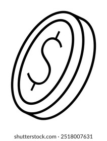 A monochromatic vector showing a 3D coin with a dollar sign. Ideal for finance, banking, savings, investment, and cryptocurrency themes, this minimalistic design emphasizes monetary concepts.