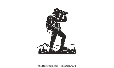 A monochromatic vector style silhouette of an explorer standing on a rocky mountain terrain looking through binoculars while wearing a hat and carrying a backpack