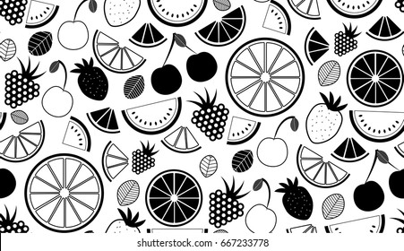 Monochromatic vector summer seamless pattern with fruits illustration isolated on white background