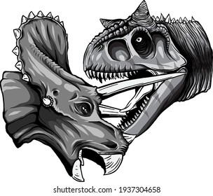 monochromatic Vector tracing of dinosaur Tyrannosaurus is fighting Triceratops in watercolor style
