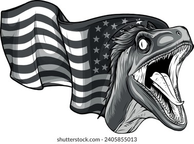 monochromatic velociraptor head with usa flag on white background