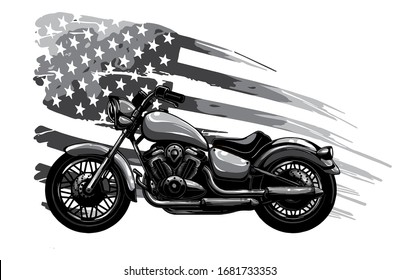 monochromatic vintage American chopper motorcycle with american flag