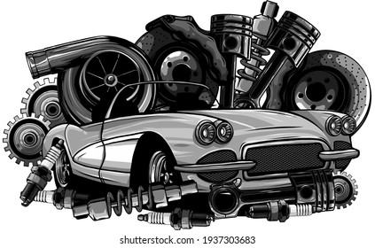 monochromatic Vintage car components collection witn automobile motor engine piston steering wheel tire headlights speedometer gearbox shock absorber isolated vector illustration