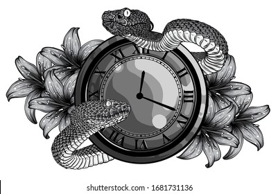 monochromatic Vintage pocket watch with leaves and snake