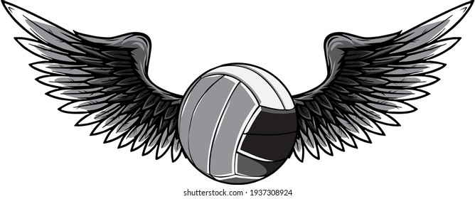 monochromatic volleyball ball logo with long wings in blue and grey isolated on white for sports design