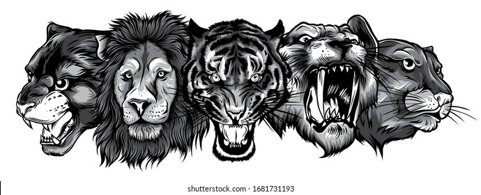 monochromatic Wild Animals Heads Set. Lion, Tiger, Jaguar, Lynx - Vector Mascot Logo Design