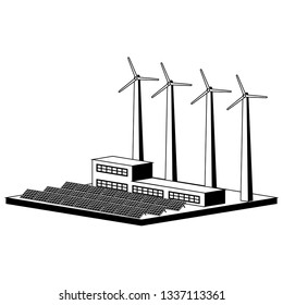 Monochromatic wind and solar power plant. Vector illustration design