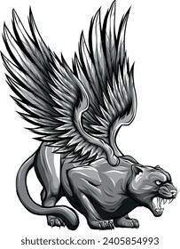 monochromatic Winged panther on white background art