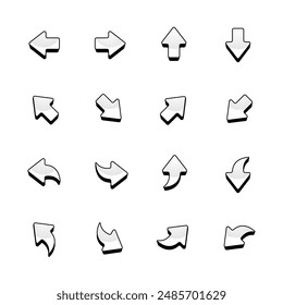Monochrome 3d Arrow Vector Set. Collection of Stroked Arrows in Different Directions. Up, Right, Down, Left Outlined Buttons. Bordered Icons for Web and Mobile Game Design on Isolated Background.