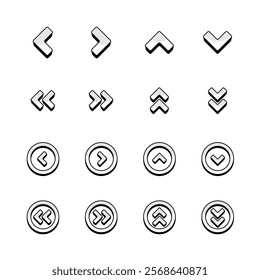 Monochrome 3d Arrow Vector Set. Collection of Stroked Arrows in Different Directions. Up, Right, Down, Left Outlined Buttons. Bordered Icons for Web and Mobile Game Design on Isolated Background.