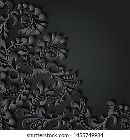 Monochrome 3d illustration dark black floral pattern, isolated on grey background Ornamental background for your design wallpapers, pattern fills, web page backgrounds, surface textures vector