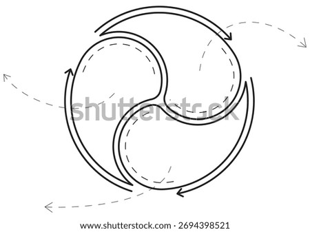 Monochrome 3-Part Cycle Vector Template. This layered illustration visualizes an interdependent, continuous process or system using three curved segments and rotation arrows