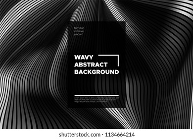Monochrome Abstract Background with 3d Effect. Wavy Texture with Grey, Black and White Distorted Lines. Optical Illusion. Trendy Abstract Background with Volumetric Striped Shapes for Poster, Covers.
