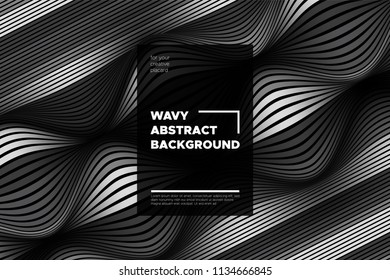 Monochrome Abstract Background with 3d Effect. Wavy Texture with Grey, Black and White Distorted Lines. Optical Illusion. Trendy Abstract Background with Volumetric Striped Shapes for Poster, Covers.