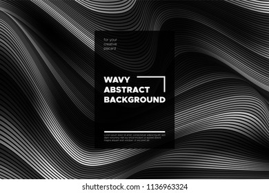 Monochrome Abstract Background with 3d Effect. Wavy Texture with Grey, Black and White Distorted Lines. Optical Illusion. Trendy Abstract Background with Volumetric Striped Shapes for Poster, Covers.