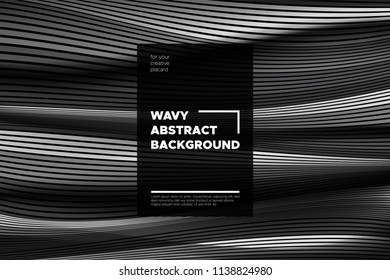 Monochrome Abstract Background with 3d Effect. Wavy Texture with Grey, Black and White Distorted Lines. Optical Illusion. Trendy Abstract Background with Volumetric Striped Shapes for Poster, Covers.