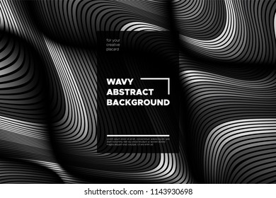 Monochrome Abstract Background with 3d Effect. Wavy Texture with Grey, Black and White Distorted Lines. Optical Illusion. Trendy Abstract Background with Volumetric Striped Shapes for Poster, Covers.
