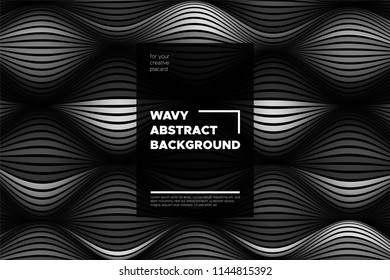 Monochrome Abstract Background with 3d Effect. Wavy Texture with Grey, Black and White Distorted Lines. Optical Illusion. Trendy Abstract Background with Volumetric Striped Shapes for Poster, Covers.