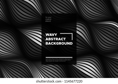 Monochrome Abstract Background with 3d Effect. Wavy Texture with Grey, Black and White Distorted Lines. Optical Illusion. Trendy Abstract Background with Volumetric Striped Shapes for Poster, Covers.