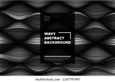 Monochrome Abstract Background with 3d Effect. Wavy Texture with Grey, Black and White Distorted Lines. Optical Illusion. Trendy Abstract Background with Volumetric Striped Shapes for Poster, Covers.