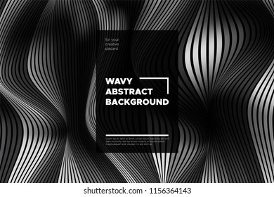 Monochrome Abstract Background with 3d Effect. Wavy Texture with Grey, Black and White Distorted Lines. Optical Illusion. Trendy Abstract Background with Volumetric Striped Shapes for Poster, Covers.