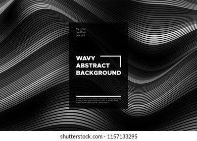 Monochrome Abstract Background with 3d Effect. Wavy Texture with Grey, Black and White Distorted Lines. Optical Illusion. Trendy Abstract Background with Volumetric Striped Shapes for Poster, Covers.
