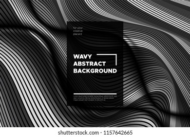 Monochrome Abstract Background with 3d Effect. Wavy Texture with Grey, Black and White Distorted Lines. Optical Illusion. Trendy Abstract Background with Volumetric Striped Shapes for Poster, Covers.