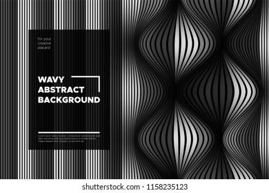Monochrome Abstract Background with 3d Effect. Wavy Texture with Grey, Black and White Distorted Lines. Optical Illusion. Trendy Abstract Background with Volumetric Striped Shapes for Poster, Covers.