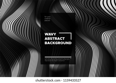 Monochrome Abstract Background with 3d Effect. Wavy Texture with Grey, Black and White Distorted Lines. Optical Illusion. Trendy Abstract Background with Volumetric Striped Shapes for Poster, Covers.