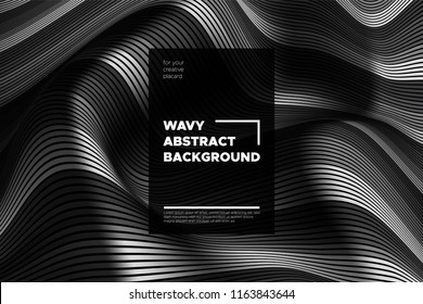 Monochrome Abstract Background with 3d Effect. Wavy Texture with Grey, Black and White Distorted Lines. Optical Illusion. Trendy Abstract Background with Volumetric Striped Shapes for Poster, Covers.