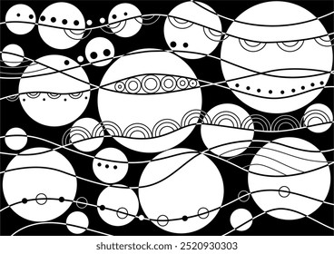 Monochrome abstract background. Black white abstract vector zentangle style design. Randomly curve lines and circles illustration. Decorative design elements for your projects