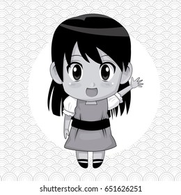 monochrome abstract background with circular frame and cute anime girl expression greeting with straight hair