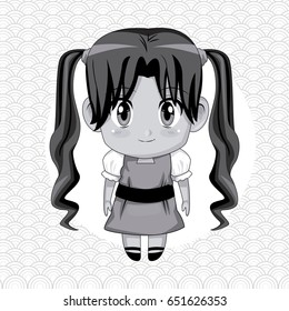 monochrome abstract background with circular frame and cute anime girl with long pigtails hairstyle