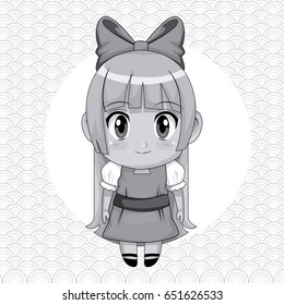 monochrome abstract background with circular frame and cute anime girl with bow lace in long straight hairstyle