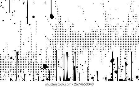Un fondo abstracto monocromo muestra un patrón de semitono con puntos negros y tinta goteante, creando una textura grunge dinámica en un lienzo blanco limpio para un efecto dramático