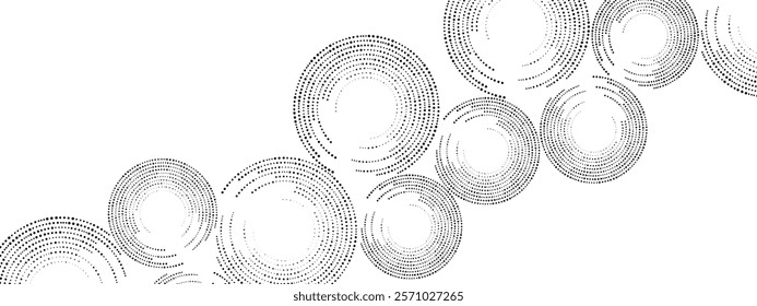 Monochrome abstract background of dots. Texture of random particles. Chaotic ornament, mosaic, circular pattern of small dots. Design banners, posters, websites,social media frameworks. Vector